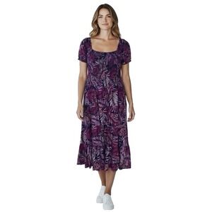 Soft Surroundings Purple Palm Midi Dress Large Tiered Smocked Boho Beach Summer